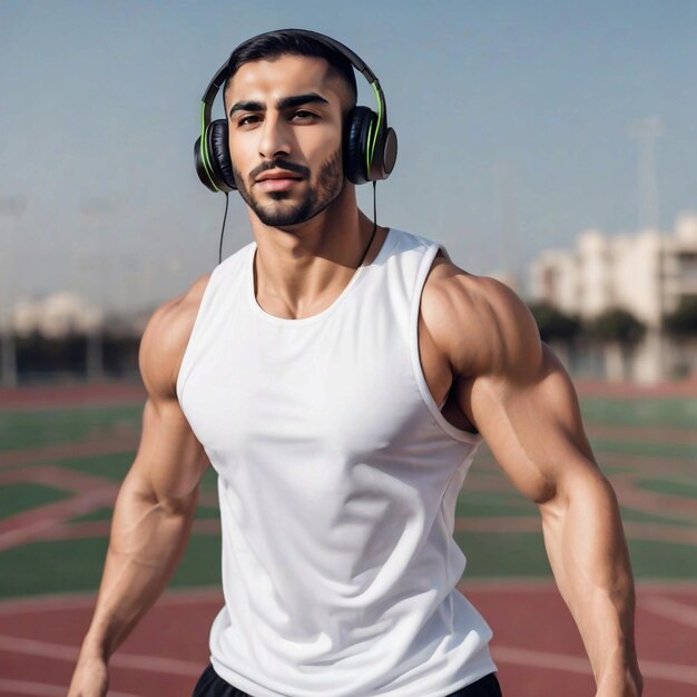 Foto foto de um atleta árabe musculoso usando fones de ouvido sem fio