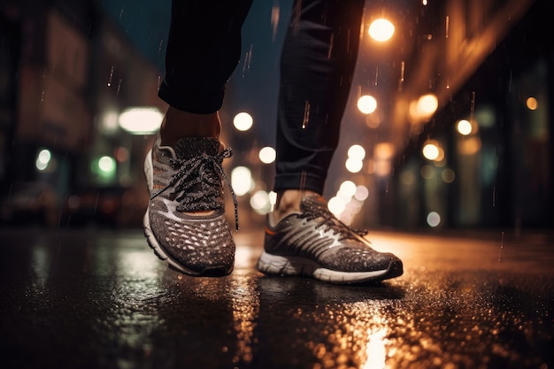 Foto de um atleta correndo em frente a luzes bokeh à noite na cidade Generative AI