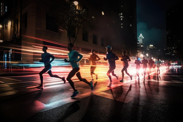 Foto de um atleta correndo em frente a luzes bokeh à noite na cidade Generative AI