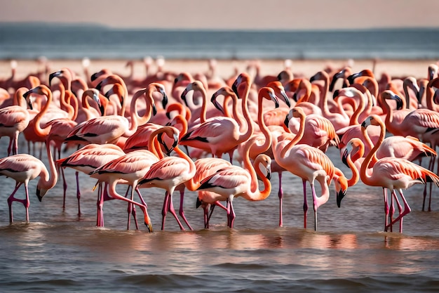 foto de um bando de flamingos cor-de-rosa na Baía de Walvis, na Namíbia