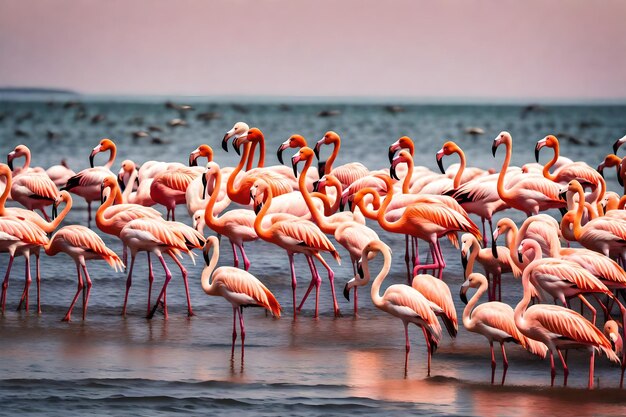 foto de um bando de flamingos cor-de-rosa na Baía de Walvis, na Namíbia