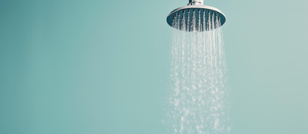 Foto de um banho refrescante com água fluindo do chuveiro com espaço para cópia