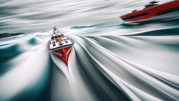 Foto de um barco vermelho e branco navegando no vasto oceano