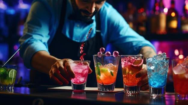 Foto de um barman criando um coquetel colorido