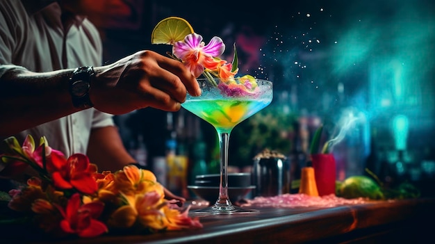 Foto de um barman criando um coquetel colorido