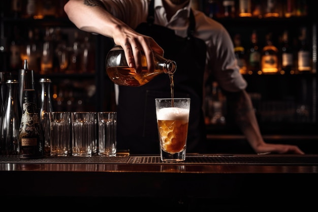 Foto de um barman servindo cerveja em um copo de cerveja