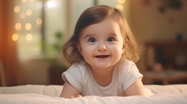 Foto de um bebé bonito e sorridente com uma expressão pura