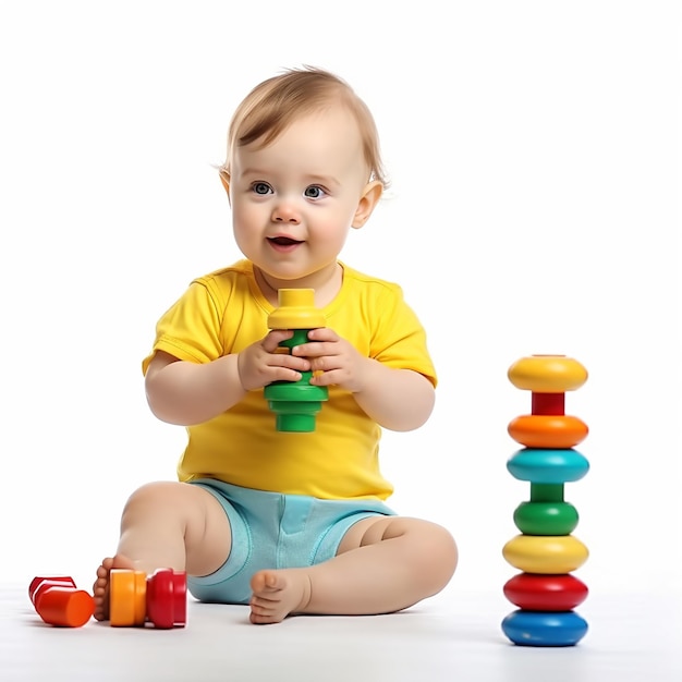 Foto de um bebê fofo brincando com brinquedos