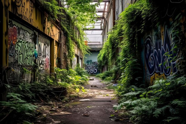 Foto de um beco urbano abandonado com uma parede coberta de graffiti