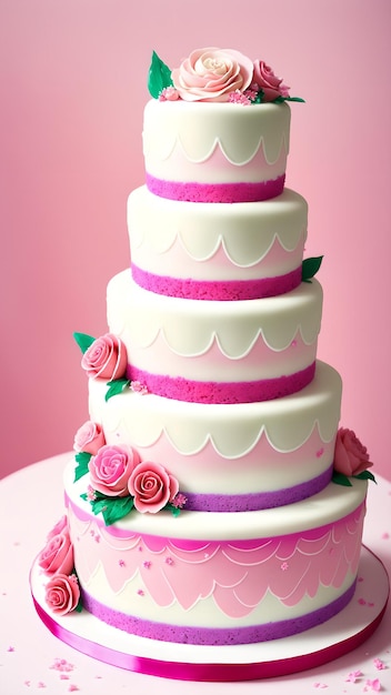 Foto de um belo bolo de três camadas adornado com rosas rosa delicadas