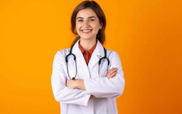 Foto foto de um belo jovem médico vestindo uniforme branco em fundo amarelo