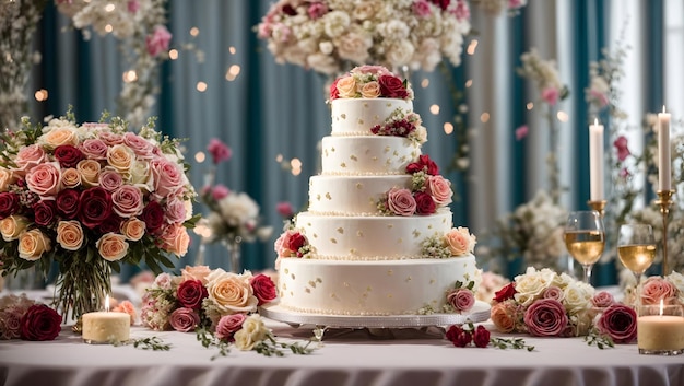 Foto de um bolo de casamento lindamente decorado com arranjos florais e acentos de velas