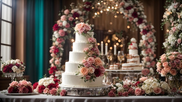 Foto de um bolo de casamento lindamente decorado com uma peça central floral