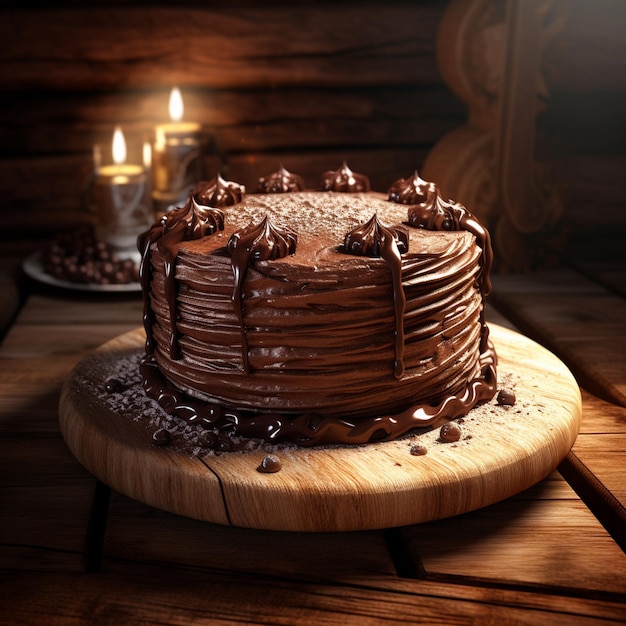 Foto de um bolo de chocolate com chocolate e nozes por cima