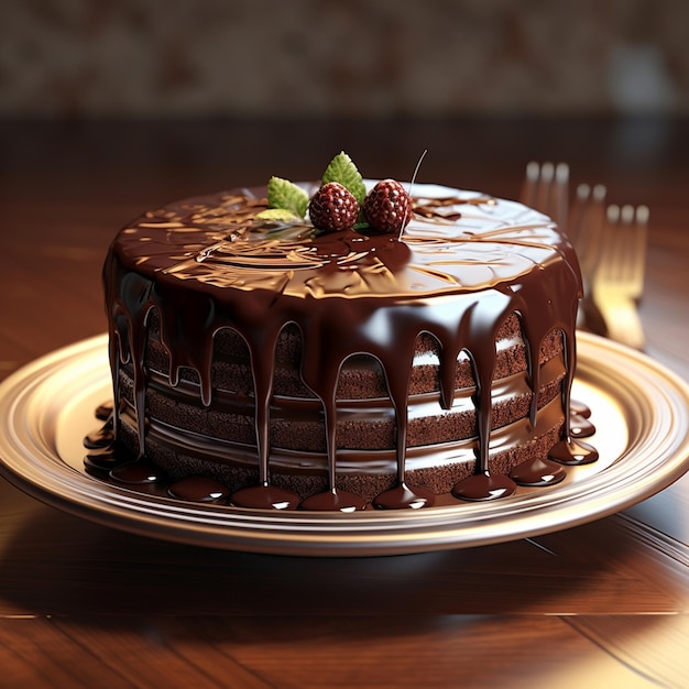 Foto de um bolo de chocolate com chocolate e nozes por cima