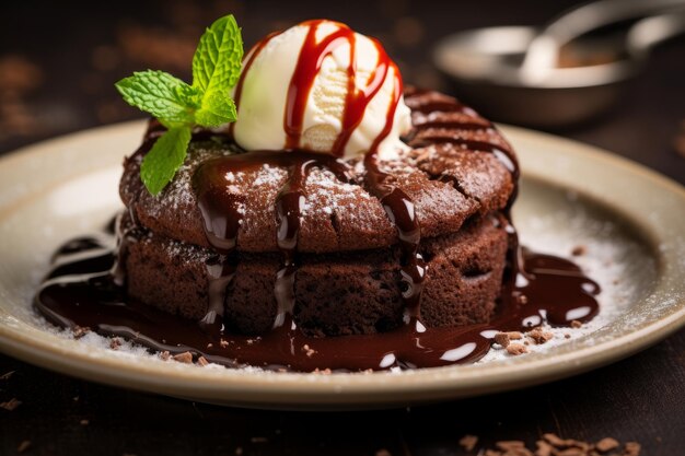 Foto de um bolo de lava de chocolate decadente sujando com chocolate quente e pegajoso IA geradora