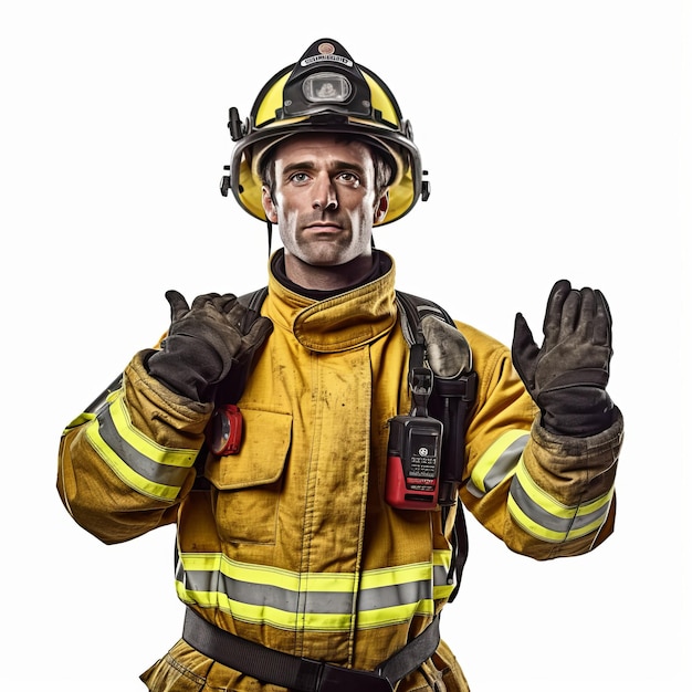 foto de um bombeiro na altura do peito segurando algo isolado no fundo branco