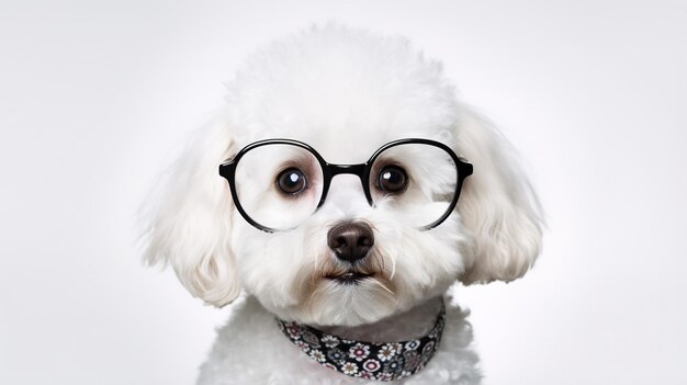 Foto de um cachorro Bichon Frise usando óculos isolados em fundo branco