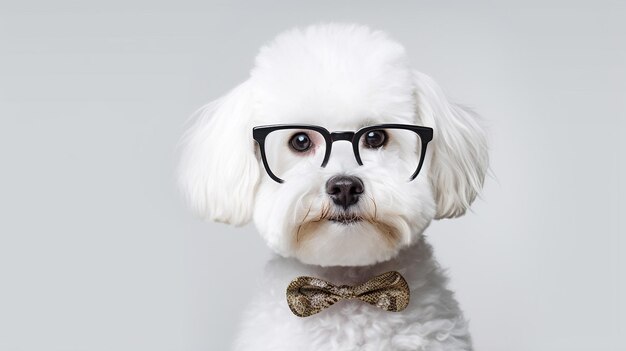 Foto de um cachorro Bichon Frise usando óculos isolados em fundo branco