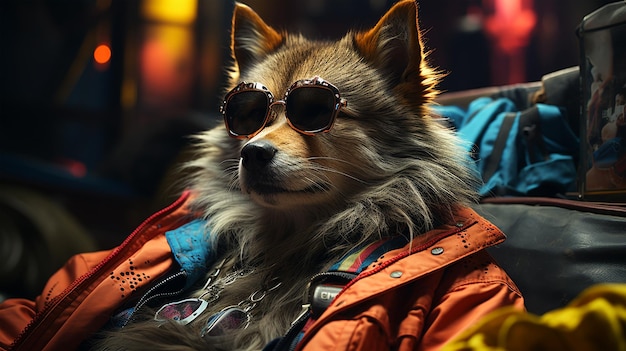 Foto de um cachorro vestindo uma jaqueta nas cores da moda fabricante de brinquedos para cães de clínica veterinária neon