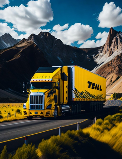 foto de um caminhão com um trailer passando por uma estrada com montanhas ao fundo