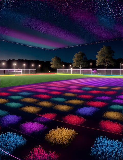 Foto de um campo de futebol iluminado à noite