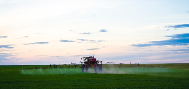 Foto foto de um campo de trigo pulverizando um trator com agroquímicos ou preparações agroquímicas sobre um jovem