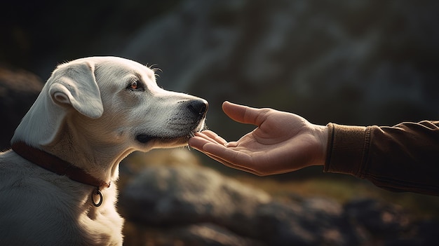 foto de um cão bonito a cheirar a mão do dono