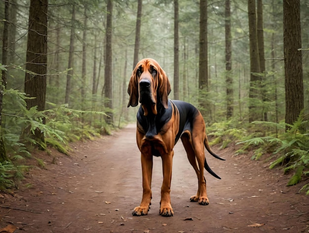 Foto de um cão de caça numa trilha florestal