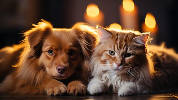 Foto de um cão e um gato felizes