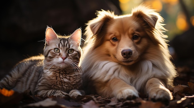 Foto de um cão e um gato felizes