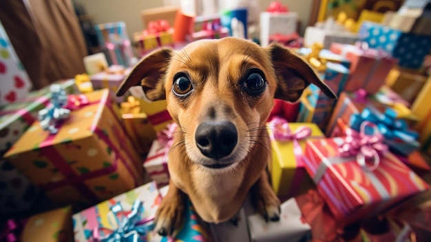 Foto foto de um cão travesso espreitando por trás de uma pilha de presentes