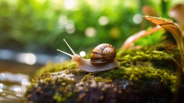 foto de um caracol macro fotografia fluxo de água doce jovem planta verde ao ar livre primavera linda Generative AI AIG32