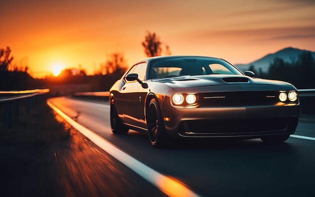 Foto de um carro de luxo na natureza noturna na estrada