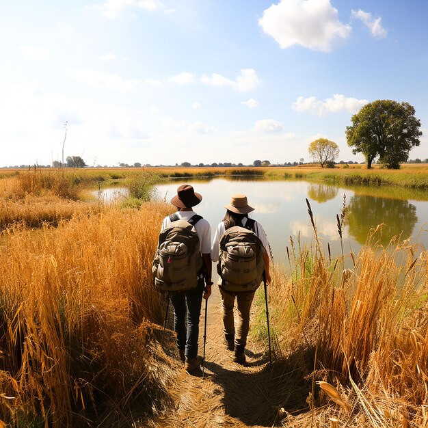 Foto de um casal a caminhar perto do lago gerada por IA