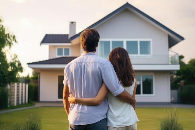 foto de um casal apaixonado em frente a uma casa nova