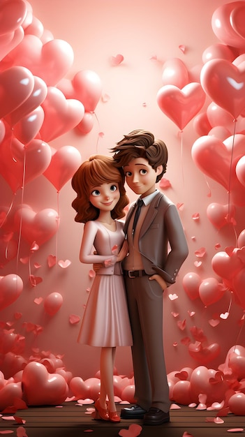 Foto de um casal de desenhos animados no feliz dia de São Valentim 3d ilustração generativa ai