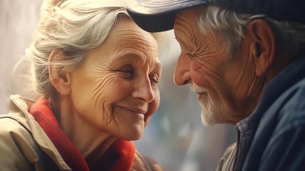 Foto de um casal de idosos se olhando com amor genuíno