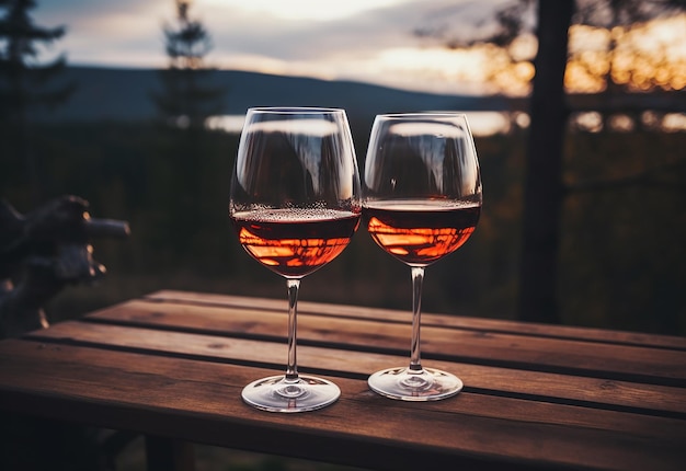 Foto de um casal de mãos segurando copos de vinho na natureza da noite
