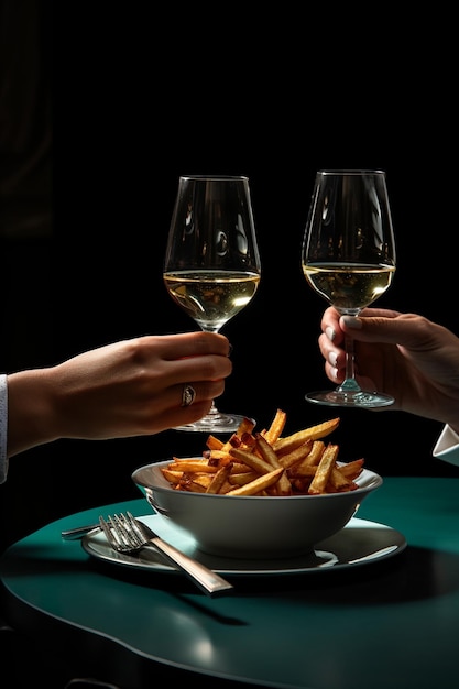 Foto de um casal de mãos segurando copos de vinho