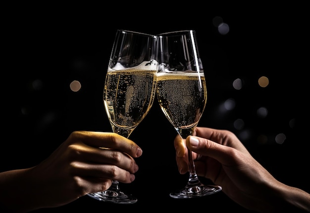 Foto de um casal de mãos segurando taças de vinho na natureza à noite