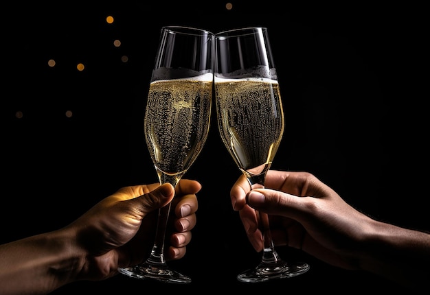 Foto foto de um casal de mãos segurando taças de vinho na natureza à noite