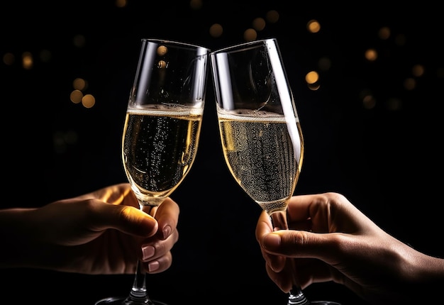 Foto de um casal de mãos segurando taças de vinho na natureza à noite