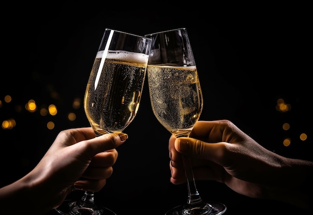 Foto de um casal de mãos segurando taças de vinho na natureza à noite