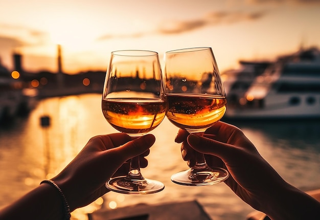 Foto de um casal de mãos segurando taças de vinho na natureza à noite