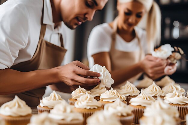 Foto de um casal decorando cupcakes juntos