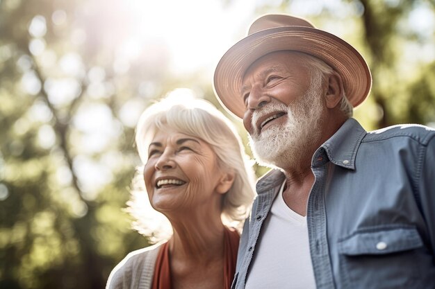 Foto de um casal feliz de idosos caminhando juntos, criado com IA generativa