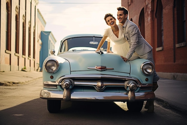 Foto de um casal feliz em frente ao seu carro