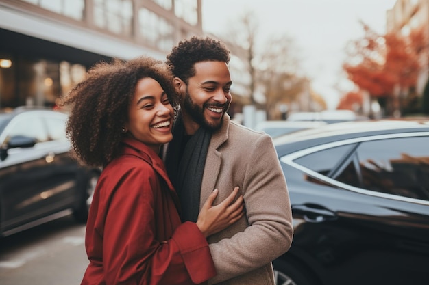 Foto de um casal feliz em frente ao seu carro