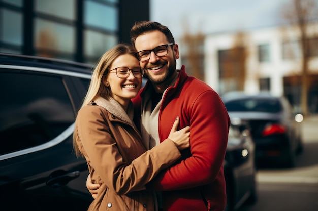 Foto de um casal feliz em frente ao seu carro
